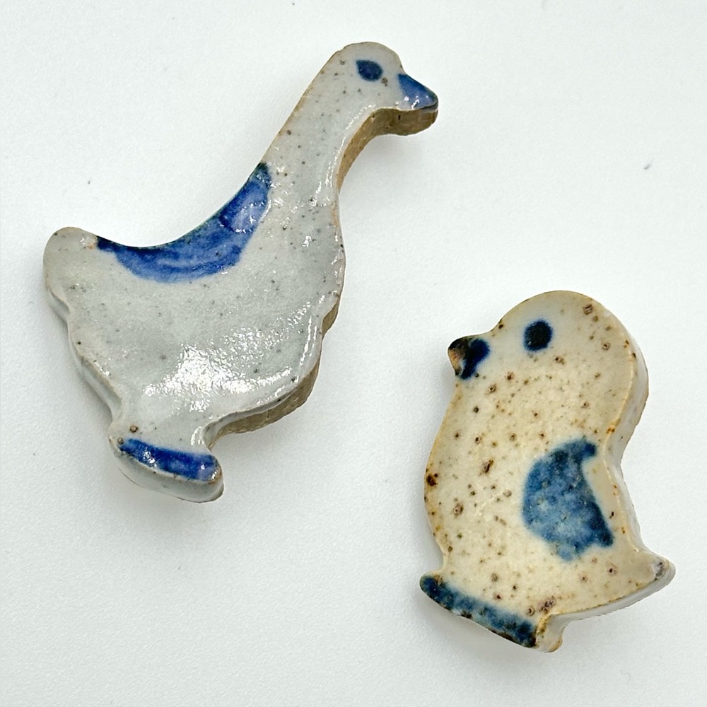 Ceramic Pottery Goose Duck Brooch Pins Salt Glaze Set Lot Blue White Speckled